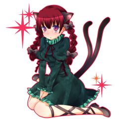 Rule 34 | 1girl, animal ears, bad id, bad pixiv id, braid, cat ears, cat girl, cat tail, female focus, kaenbyou rin, kneeling, pout, purple eyes, red hair, shiguri, solo, tail, tears, touhou, twin braids, twintails, white background