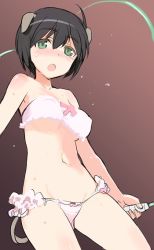 Rule 34 | 1girl, bare shoulders, black hair, blush, bra, breasts, covered erect nipples, green eyes, jump rope, looking at viewer, luciana mazzei, navel, open mouth, panties, shimada fumikane, short hair, sketch, solo, strike witches, strike witches: kurenai no majo-tachi, tail, underboob, underwear, underwear only, world witches series
