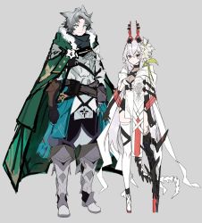 Rule 34 | 1boy, 1girl, absurdres, animal ears, armor, belt, black gloves, blue eyes, breastplate, breasts, cape, cleavage, closed mouth, elbow gloves, flower, fur-trimmed cape, fur trim, gloves, green cape, green hair, grey background, grey hair, hair flower, hair ornament, high heels, highres, horns, long hair, mechanical legs, original, pauldrons, pouch, scar, scar on leg, see-through, shokuen (oxstl), shoulder armor, simple background, single mechanical leg, sketch, smile, standing, tail, thighhighs, vambraces, white flower, white thighhighs