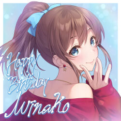 Rule 34 | 1girl, bare shoulders, blue background, blue bow, blue eyes, bow, brown hair, butterfly earrings, chain necklace, character name, closed mouth, commentary request, earrings, fingernails, flower earrings, from behind, gradient background, hair bow, hand to own mouth, hand up, happy birthday, high ponytail, highres, idolmaster, idolmaster million live!, jewelry, light blush, long sleeves, looking at viewer, looking back, medium hair, nanaran, necklace, off-shoulder shirt, off shoulder, ponytail, portrait, red shirt, satake minako, shirt, sidelocks, sleeves past wrists, smile, solo