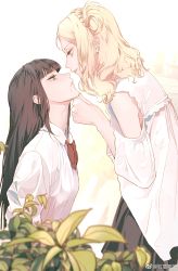 Rule 34 | 2girls, absurdres, black hair, black skirt, blonde hair, blurry, blurry foreground, bow, bowtie, braid, chinese commentary, clothing cutout, collared shirt, commentary request, crown braid, dress, eye contact, from side, green eyes, hair rings, hand on another&#039;s chin, highres, imminent kiss, kurosawa dia, lipgloss, lips, long hair, long sleeves, looking at another, love live!, love live! sunshine!!, medium hair, mole, mole under mouth, multiple girls, ohara mari, profile, red bow, red bowtie, school uniform, shirt, shoulder cutout, skirt, smile, white dress, white shirt, yuri, zhu mo fan yi