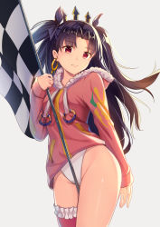 Rule 34 | 1girl, between legs, black hair, checkered flag, cowboy shot, crown, earrings, fate/grand order, fate (series), flag, frilled thighhighs, frills, fur trim, hair ribbon, hand up, highleg, highleg swimsuit, highres, holding, holding flag, hood, hoodie, hoop earrings, ishtar (fate), jewelry, light smile, looking at viewer, one-piece swimsuit, parted bangs, pink thighhighs, red eyes, revision, ribbon, single thighhigh, solo, swimsuit, swimsuit under clothes, thighhighs, thighs, tohsaka rin, two side up, white one-piece swimsuit, yan (nicknikg)