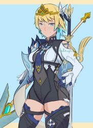 Rule 34 | 1girl, alternate costume, blonde hair, blue eyes, blue hair, cosplay, earrings, eula (genshin impact), eula (genshin impact) (cosplay), fire emblem, fire emblem heroes, fjorm (fire emblem), genshin impact, highres, in2naps, jewelry, looking at viewer, multicolored hair, nintendo, short hair, smile, solo, tiara, trait connection