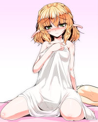 Rule 34 | 1girl, blonde hair, blush, breasts, cleft of venus, collarbone, covered erect nipples, covering privates, female focus, female pubic hair, gradient background, green eyes, long pointy ears, looking at viewer, mizuhashi parsee, naked towel, navel, nipples, nude cover, pointy ears, pubic hair, pussy, see-through, shoushinmono, sitting, solo, tanaka ginji, touhou, towel, wariza
