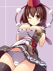 Rule 34 | 1girl, ;o, alternative facts in eastern utopia, black ribbon, black skirt, black thighhighs, blouse, blush, breast suppress, breasts, bright pupils, brown hair, bursting breasts, cleavage, commentary request, frilled skirt, frills, from below, hands on own chest, hat, highres, large breasts, liya, looking at viewer, looking down, miniskirt, one eye closed, open mouth, panties, pantyshot, pink background, pom pom (clothes), red hat, red ribbon, ribbon, ribbon-trimmed skirt, ribbon trim, shameimaru aya, shiny skin, shirt, short hair, single thighhigh, skirt, solo, standing, tareme, thighhighs, thighs, tokin hat, touhou, underwear, upskirt, white panties, white shirt, wrist cuffs