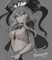 Rule 34 | 10s, 1girl, abyssal ship, arceonn, blue eyes, bodysuit, breasts, dated, glowing, glowing eyes, hat, kantai collection, long hair, monochrome, solo, twitter username, wo-class aircraft carrier