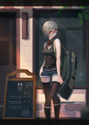 Rule 34 | 1girl, alternate costume, bag, belt, cafe, chalkboard sign, chinese commentary, cleavage cutout, clothing cutout, commentary request, door, drawing, duffel bag, english text, girls&#039; frontline, glasses, highres, lancefate, menu board, p7 (girls&#039; frontline), scenery, short shorts, shorts, sleeveless, solo, thighhighs, vector (girls&#039; frontline), window