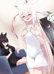 Rule 34 | 2girls, ahoge, aica 61, animal ear fluff, animal ears, black hair, black shirt, blood, blush, bottle, braid, commentary request, couch, earrings, fox ears, fox girl, hair between eyes, highres, holding, holding bottle, hololive, indoors, jewelry, kurokami fubuki, long hair, multicolored hair, multiple girls, naked towel, nosebleed, open mouth, red eyes, red hair, shirakami fubuki, shirt, sidelocks, single braid, sitting, streaked hair, sukonbu (shirakami fubuki), towel, virtual youtuber, white hair, white towel, window