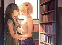 Rule 34 | 2girls, absurdres, aoi hane, artist name, bare arms, bare shoulders, black hair, blonde hair, blue pants, blush, book, bookshelf, breasts, cellphone, chromatic aberration, closed mouth, collared shirt, commentary request, cowboy shot, day, denim, dress, face-to-face, from side, green dress, hair between eyes, hair ribbon, hand on another&#039;s arm, hand on another&#039;s shoulder, hand up, highres, indoors, inoue takina, jeans, library, long hair, looking at another, lycoris recoil, medium breasts, multiple girls, nishikigi chisato, one side up, orange eyes, pants, parted lips, phone, pocket, profile, purple eyes, red ribbon, ribbon, shirt, short hair, short sleeves, signature, sleeveless, sleeveless shirt, smartphone, standing, sunlight, sweatdrop, twitter username, v-shaped eyebrows, white shirt, window, wristband, yuri
