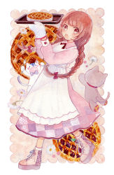 Rule 34 | 1girl, :o, absurdres, apple pie, apron, arms up, blush, boots, bow, braid, brown eyes, brown hair, calf socks, cat, collared dress, cross-laced footwear, dress, flower, hair bow, highres, holding, holding tray, kurebe, lace-up boots, long dress, long hair, long sleeves, looking at another, neck ribbon, open mouth, original, oven mitts, painting (medium), patchwork clothes, ribbon, sleeve cuffs, socks, solo, stuffed animal, stuffed cat, stuffed toy, traditional media, tray, twin braids, v-shaped eyebrows, very long hair, walking, watercolor (medium)