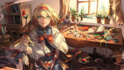 Rule 34 | 1girl, alice margatroid, blonde hair, book, brooch, cactus, capelet, colored pencil, cup, desk, desk lamp, doll, doll joints, fabric, green eyes, grimoire, hairband, highres, jar, jewelry, joints, lamp, lolita hairband, long hair, looking at viewer, needle, paint tube, pencil, plant, potted plant, ribbon, scissors, sewing kit, sewing machine, sewing needle, shanghai doll, short hair, smile, solo, spool, tea, teacup, thighhighs, touhou, white thighhighs, window, ze xia