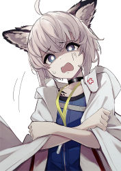 Rule 34 | 1girl, ahoge, animal ear fluff, animal ears, arknights, black choker, blue eyes, blue shirt, character name, choker, collarbone, grey hair, hair between eyes, highres, jacket, looking at viewer, material growth, open clothes, open jacket, open mouth, oripathy lesion (arknights), shaded face, shirt, simple background, solo, sussurro (arknights), tetuw, upper body, wavy mouth, white background, white jacket