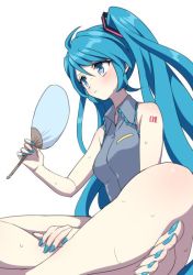 Rule 34 | 1girl, :|, akiyoshi (tama-pete), bare arms, bare legs, bare shoulders, barefoot, blue eyes, blue hair, blue nails, blush, breasts, closed mouth, collared shirt, dutch angle, expressionless, fanning self, fingernails, from below, grey shirt, hand fan, hand on own leg, hand up, hatsune miku, holding, holding fan, indian style, knee blush, long hair, looking afar, nail polish, number tattoo, pale skin, shaded face, shiny skin, shirt, shoulder blush, shoulder tattoo, simple background, sitting, sleeveless, sleeveless shirt, small breasts, solo, sweat, tattoo, toenails, toes, twintails, very long hair, vocaloid, white background