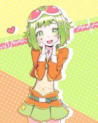 Rule 34 | 1girl, aegissanp, belt, blush, brooch, cardiogram, cowboy shot, crop top, facial mark, goggles, goggles on head, green eyes, green hair, gumi, hands on own cheeks, hands on own face, heart, heart facial mark, highres, jewelry, navel, open mouth, short hair, skirt, smile, solo, star (symbol), starry background, vocaloid