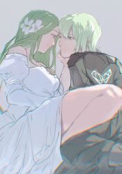 Rule 34 | 1boy, 1girl, armor, bare shoulders, breasts, byleth (fire emblem), byleth (male) (fire emblem), dress, fire emblem, fire emblem: three houses, flower, green eyes, green hair, grey background, hair between eyes, hair flower, hair ornament, hand on another&#039;s face, hetero, highres, large breasts, long hair, looking at another, matching hair/eyes, nintendo, off-shoulder dress, off shoulder, pointy ears, rhea (fire emblem), short hair, simple background, smile, tfroika, thighs, white dress