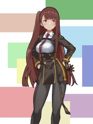 Rule 34 | 1girl, black pantyhose, breasts, brown hair, flasso, girls&#039; frontline, gloves, highres, long hair, necktie, one side up, pantyhose, red eyes, red necktie, solo, wa2000 (girls&#039; frontline)