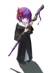 Rule 34 | 1girl, absurdres, aged down, backlighting, black robe, blunt bangs, bob cut, bow, child, commentary, dot nose, dress, english commentary, fern (sousou no frieren), from above, full body, hair bow, head tilt, highres, holding, holding staff, looking at viewer, mage staff, negative space, neratul, pigeon-toed, purple eyes, purple hair, red bow, robe, shadow, short hair, sideways glance, simple background, solo, sousou no frieren, staff, straight hair, three quarter view, white background, white dress