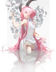 Rule 34 | 1girl, absurdres, artist name, bare shoulders, breasts, chi4, china dress, chinese clothes, closed mouth, crossed legs, demon horns, dress, eyebrows, flower, highres, horns, lily (flower), long hair, looking at viewer, original, pink eyes, pink hair, reflection, signature, sitting, sleeveless, small breasts, smile, water surface