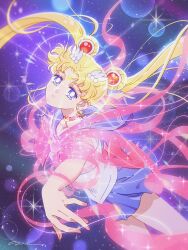 Rule 34 | 1girl, back bow, bishoujo senshi sailor moon, blonde hair, blue eyes, blue sailor collar, bow, choker, commentary request, crescent, hair bun, highres, long hair, looking at viewer, magical girl, red choker, sailor collar, sailor moon, sailor senshi uniform, sidney deng, skirt, solo, twintails