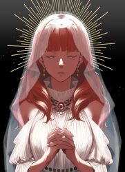 Rule 34 | 1girl, black background, blunt bangs, celica (fire emblem), closed eyes, clothing cutout, dress, earrings, fire emblem, fire emblem echoes: shadows of valentia, gem, hair behind ear, highres, jewelry, long hair, nintendo, own hands clasped, own hands together, red hair, shoulder cutout, solo, straight-on, upper body, veil, white dress, yama0109