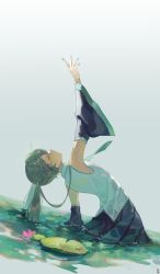 Rule 34 | 1girl, absurdres, aqua hair, aqua nails, aqua necktie, arched back, arm up, black sleeves, closed eyes, commentary, detached sleeves, dutch angle, from side, hatsune miku, highres, leaning back, lily pad, long hair, may.l, nail polish, necktie, outstretched arm, reaching, shirt, sleeveless, sleeveless shirt, solo, twintails, very long hair, vocaloid, wading, white shirt