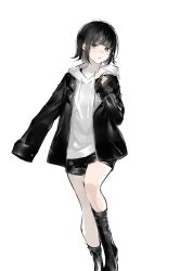Rule 34 | 1girl, black eyes, black footwear, black hair, black jacket, black shorts, blunt bangs, blush, bob cut, boots, buckle, collarbone, commentary, drawstring, feet out of frame, highres, hood, hood down, hoodie, jacket, knee boots, layered clothes, looking at viewer, medium hair, mo011010, open clothes, open jacket, original, parted lips, short shorts, shorts, simple background, sleeves past fingers, sleeves past wrists, solo, symbol-only commentary, white background, white hoodie