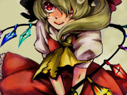Rule 34 | 1girl, ascot, blonde hair, closed mouth, crystal, flandre scarlet, frilled skirt, frills, hair over one eye, hat, long hair, mob cap, multicolored wings, puffy short sleeves, puffy sleeves, red eyes, red skirt, red vest, shirt, short sleeves, simple background, skirt, solo, touhou, tsuneaki (dosnan), v arms, vest, white hat, white shirt, wings, yellow ascot, yellow background