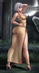 Rule 34 | 1girl, ass, bare shoulders, breasts, china dress, chinese clothes, death by degrees, dress, flowerxl, from behind, high heels, lana lei, large breasts, looking at viewer, red eyes, shiny clothes, shiny skin, short hair, silver hair, smile, solo, tekken, thick thighs, thighs