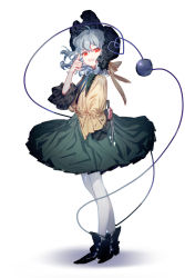 Rule 34 | 1girl, :d, black footwear, black hat, blouse, boots, bow, commentary request, frilled sleeves, frills, full body, green skirt, grin, hat, hat bow, heart, heart of string, highres, holding, holding weapon, knife, komeiji koishi, long sleeves, looking at viewer, no nose, open mouth, pantyhose, red eyes, ribbon, shadow, shirt, skirt, smile, solo, standing, third eye, tian (my dear), touhou, weapon, white background, white pantyhose