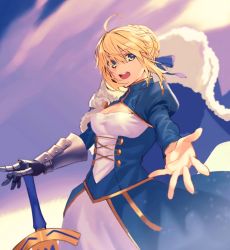 Rule 34 | 1girl, ahoge, armor, artoria pendragon (fate), blonde hair, blue dress, blue sky, braid, cloud, dress, excalibur (fate/stay night), fate/grand order, fate (series), french braid, gauntlets, green eyes, hair between eyes, highres, hiro (hirohiro gorira), juliet sleeves, long sleeves, looking at viewer, outstretched hand, planted sword, planted, puffy sleeves, round teeth, saber (fate), short hair, sky, solo, sword, teeth, weapon