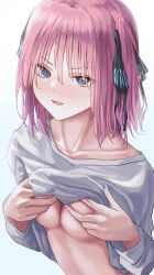 Rule 34 | 1girl, @ @, absurdres, black ribbon, blue eyes, blue nails, blush, breast hold, breasts, butterfly hair ornament, cleavage, clothes lift, collarbone, commentary, eyelashes, eyes visible through hair, fingernails, full-face blush, go-toubun no hanayome, hair between eyes, hair ornament, hair ribbon, highres, large breasts, lifting own clothes, lips, long fingernails, long sleeves, looking at viewer, medium hair, midriff, moda (mo da 3), nail polish, nakano nino, open mouth, pink hair, presenting, ribbon, shirt, shirt lift, simple background, smile, solo, straight hair, sweat, two side up, underboob, upper body, v-shaped eyebrows, white background, white shirt
