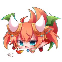 Rule 34 | 1girl, ahoge, all fours, bad id, bad pixiv id, blue eyes, blush, breath weapon, breathing fire, brown hair, chestnut mouth, chibi, commentary request, dragon girl, dragon horns, earrings, fang, fire, green wings, hair between eyes, hair ornament, horns, jewelry, looking at viewer, muuran, open mouth, pointy ears, shironeko project, signature, simple background, solo, tetra (shironeko project), twintails, white background, wings