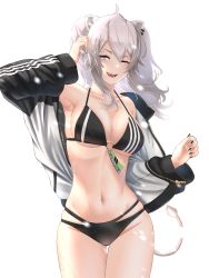 Rule 34 | 1girl, absurdres, ahoge, animal ears, armpits, bikini, black nails, breasts, grey hair, hair between eyes, highres, hololive, jacket, jacket over swimsuit, large breasts, lion ears, lion tail, multi-strapped bikini, nail polish, navel, o-ring, o-ring top, one eye closed, ryou (monstercat nc42), shishiro botan, simple background, solo, swimsuit, tail, virtual youtuber, wet, white background