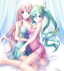Rule 34 | 2girls, :o, aqua eyes, aqua hair, bad id, bad pixiv id, bare arms, bare legs, bare shoulders, breast press, breasts, camisole, cleavage, female focus, hair between eyes, hair ribbon, hatsune miku, hug, large breasts, legs, long hair, looking at viewer, megurine luka, miiiiche, multiple girls, nightgown, open mouth, pink hair, ribbon, sitting, smile, twintails, very long hair, vocaloid, wariza, yuri