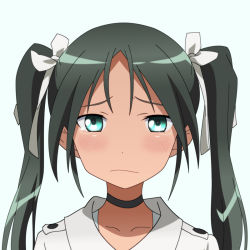 Rule 34 | 1girl, aqua eyes, black hair, blush, choker, collarbone, derivative work, francesca lucchini, hair ornament, hair ribbon, looking at viewer, portrait, pout, ribbon, sad, simple background, solo, spiceg, strike witches, tears, twintails, world witches series