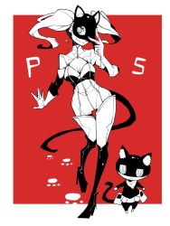Rule 34 | 10s, 1girl, :&lt;, animal ears, animal hands, belt, boots, breasts, cat, cat ears, cat paws, cat tail, cleavage, dowman sayman, female focus, full body, gloves, high heel boots, high heels, looking at viewer, mask, monochrome, morgana (persona 5), persona, persona 5, smile, solo, tail, takamaki anne, twintails, white background, zipper