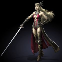 Rule 34 | 1girl, 3d, armor, bare shoulders, bladestorm, bladestorm nightmare, blonde hair, breasts, cleavage, cleavage cutout, clothing cutout, corruption, crown, evil, full body, gauntlets, gradient background, greaves, hand on own hip, holding, holding sword, holding weapon, joan of arc (bladestorm), legs, leotard, lips, long hair, looking at viewer, medium breasts, pale skin, red eyes, red lips, solo, standing, sword, weapon