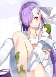 Rule 34 | 1girl, absurdres, bandaged arm, bandaged head, bandaged leg, bandages, blue eyes, blush, closed mouth, fate/extra, fate/extra ccc, fate (series), highres, kingprotea (fate), kujou ichiso, moss, purple hair