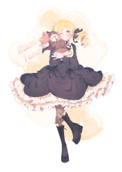 Rule 34 | 1girl, alternate costume, black dress, black footwear, black ribbon, blonde hair, blush, boots, charlotte (madoka magica), cheese, creature, cross-laced footwear, dress, drill hair, food, frilled dress, frills, full body, grin, hair ribbon, heart, highres, holding, jewelry, knee boots, lace-up boots, lolita fashion, long sleeves, looking at viewer, mahou shoujo madoka magica, mahou shoujo madoka magica (anime), one eye closed, pantyhose, paru rari, ribbon, ring, simple background, smile, solo, tomoe mami, twin drills, twintails, white background, witch (madoka magica), yellow eyes