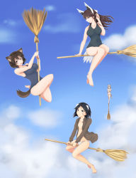 Rule 34 | absurdres, animal ears, bird tail, black hair, blue eyes, blush, brave witches, breasts, broom, broom riding, brown eyes, brown hair, closed mouth, cloud, collarbone, dog ears, edytha rossmann, flying, highres, isosceles triangle (xyzxyzxyz), kanno naoe, karibuchi hikari, karibuchi takami, large breasts, long hair, looking at viewer, open mouth, outdoors, panties, raccoon ears, raccoon tail, short hair, sky, small breasts, smile, swimsuit, tail, underwear, white hair, white panties, wing ears, witch, world witches series