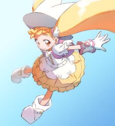 Rule 34 | 1girl, backpack, bag, blonde hair, blue background, boots, brown eyes, commentary request, dress, full body, gloves, hat, long hair, looking at viewer, magical girl, makihatayama hana, n. (enudotto dott), ojamajo doremi, outstretched arms, pink bag, pointy footwear, puffy short sleeves, puffy sleeves, short sleeves, smile, solo, very long hair, white dress, white footwear, white gloves, white hat, white wings, wing hair ornament, winged bag, wings