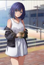 Rule 34 | 1girl, bare shoulders, black jacket, blue eyes, blue hair, blurry, blurry background, blush, breasts, cleavage, closed mouth, coffee, collarbone, commentary, cowboy shot, cup, day, disposable cup, dress, farron (pixiv63052730), hair between eyes, highres, holding, holding cup, jacket, kurokawa akane, lens flare, long sleeves, looking at viewer, medium breasts, medium hair, off shoulder, open clothes, open jacket, oshi no ko, outdoors, puffy sleeves, railing, sleeveless, sleeveless dress, smile, solo, stairs, sundress, sunlight, white dress