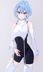 Rule 34 | 1girl, absurdres, alternate costume, aya02ka, bare shoulders, black bodysuit, blue hair, blue nails, bodysuit, covered navel, detached sleeves, earrings, garter straps, grey background, hair between eyes, highres, hololive, hoshimachi suisei, jewelry, looking at viewer, meme attire, nail polish, official alternate hair length, official alternate hairstyle, short hair, simple background, smile, solo, star (symbol), star in eye, symbol in eye, thighhighs, virgin destroyer sweater, virtual youtuber, wolf cut
