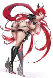 Rule 34 | 1girl, ass, ass cutout, bent over, black gloves, blush, breasts, butt crack, closer fy, clothing cutout, fingerless gloves, from behind, gloves, goddess of victory: nikke, grin, hanging breasts, headgear, high heels, highres, large breasts, long hair, orange eyes, pasties, red hair, red hood (nikke), red scarf, reverse outfit, scarf, skindentation, smile, solo, star pasties, thigh strap, v