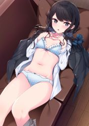 Rule 34 | 1girl, :o, black eyes, black hair, black jacket, blue bra, blue panties, blush, bow, bow panties, bra, breasts, bucket, couch, feet out of frame, frilled bra, frills, hands on own chest, indoors, jacket, knees up, kotohane, long hair, long sleeves, low twintails, lying, navel, on back, on couch, open clothes, open jacket, open mouth, open shirt, original, panties, polka dot, polka dot bra, polka dot panties, shirt, small breasts, solo, stomach, swept bangs, twintails, underwear, vertical-underwear only, white shirt, wooden bucket, wooden floor