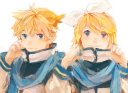 Rule 34 | 1boy, 1girl, 8&#039;108, blonde hair, blue eyes, blue scarf, brother and sister, cosplay, hair ribbon, kagamine len, kagamine rin, kaito (cosplay), kaito (vocaloid), looking at viewer, ribbon, scarf, short hair, siblings, simple background, smile, twins, vocaloid