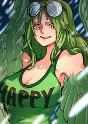 Rule 34 | 1girl, aosora2823, breasts, cleavage, glasses, green hair, green shirt, harpy, highres, large breasts, long hair, monet (one piece), monster girl, one piece, open mouth, orange eyes, shirt, snowing, solo, twitter username, upper body, wings