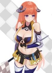 Rule 34 | 1girl, arknights, bagpipe (arknights), bagpipe (queen i) (arknights), bagpipe (queen no. 1) (arknights), bare shoulders, black gloves, blue thighhighs, breasts, chinese commentary, cleavage, clothing cutout, commentary request, cowboy shot, crop top, fingerless gloves, gloves, horns, large breasts, long hair, long sleeves, midriff, miniskirt, navel, official alternate costume, orange hair, pleated skirt, purple eyes, ricky (ricky rainier), shoulder cutout, skirt, solo, standing, stomach, thighhighs, thighs, very long hair, white background, yellow skirt
