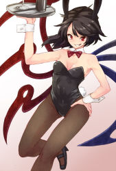 Rule 34 | 1girl, alternate costume, animal ears, arm up, asymmetrical wings, bare arms, bare shoulders, black footwear, black hair, black pantyhose, blue wings, bottle, bow, bowtie, breasts, cleavage, commentary request, cup, detached collar, drinking glass, fake animal ears, fake tail, feet out of frame, fishnet pantyhose, fishnets, gradient background, grin, groin, hand on own hip, high heels, holding, holding tray, houjuu nue, leotard, looking at viewer, pantyhose, pink background, playboy bunny, rabbit ears, rabbit tail, red bow, red bowtie, red eyes, red wings, short hair, small breasts, smile, solo, tail, touhou, tray, urin, v-shaped eyebrows, white background, wine glass, wings, wrist cuffs