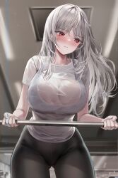 Rule 34 | 1girl, absurdres, averting eyes, blush, breasts, exercising, grey hair, gym, highres, indoors, large breasts, lillly, long hair, original, pants, red eyes, see-through, see-through shirt, shirt, solo, sports bra, sportswear, sweat, track pants, weightlifting, white shirt, yoga pants